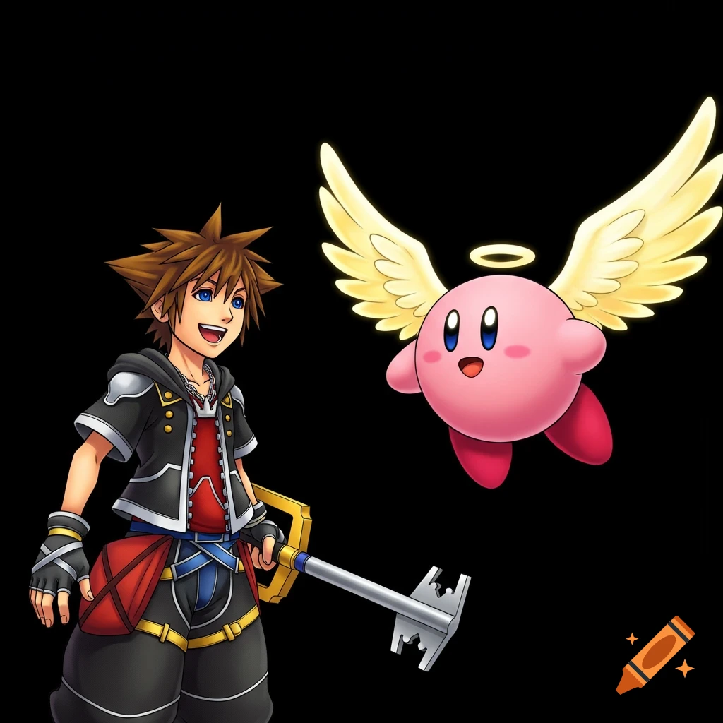 Sora from Kingdom Hearts with his Keyblade smiles at an angelic, winged Kirby with a halo against a black background, drawn in anime style.