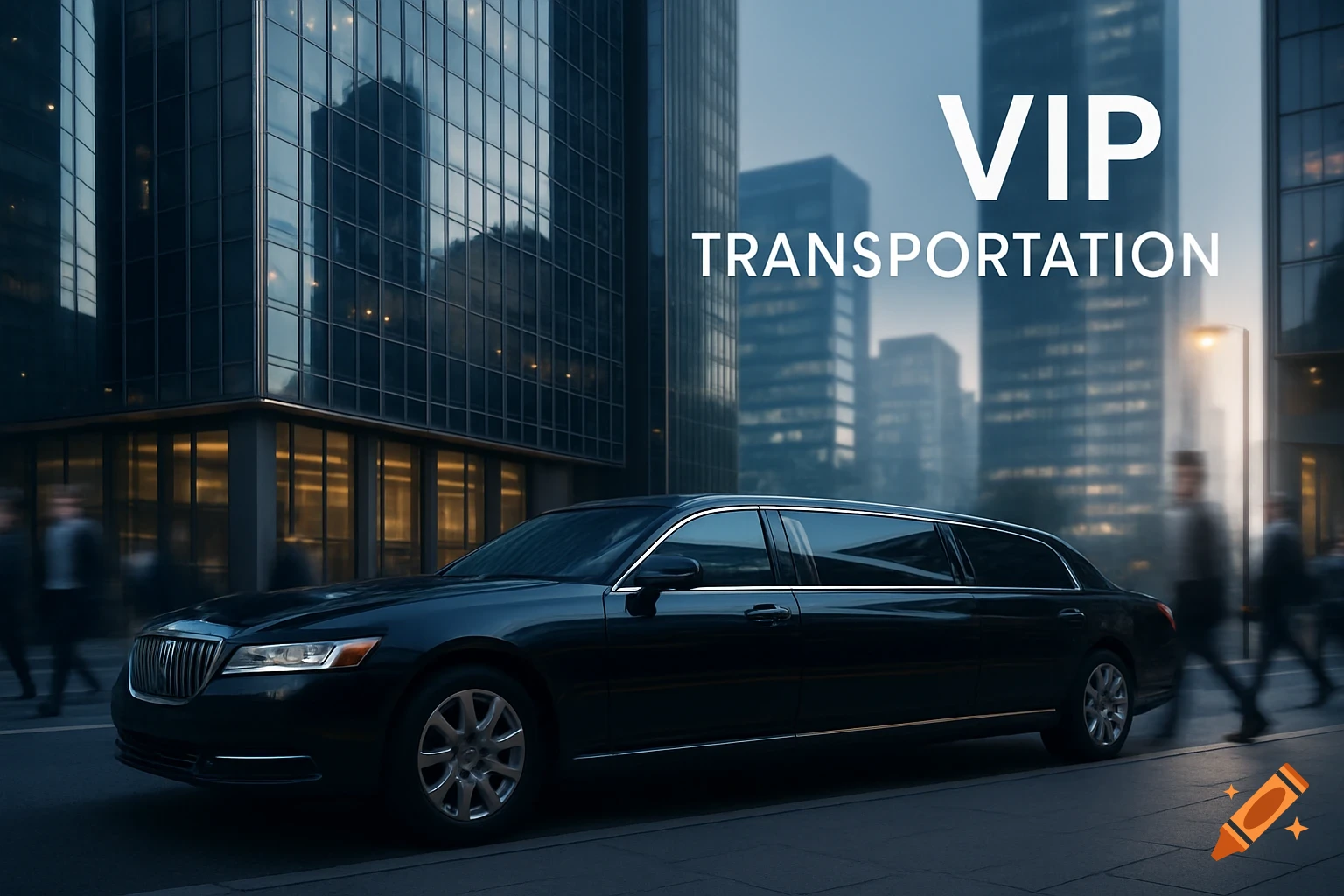 A black limousine is parked on a city street in front of modern glass buildings. The text "VIP TRANSPORTATION" is in the sky.