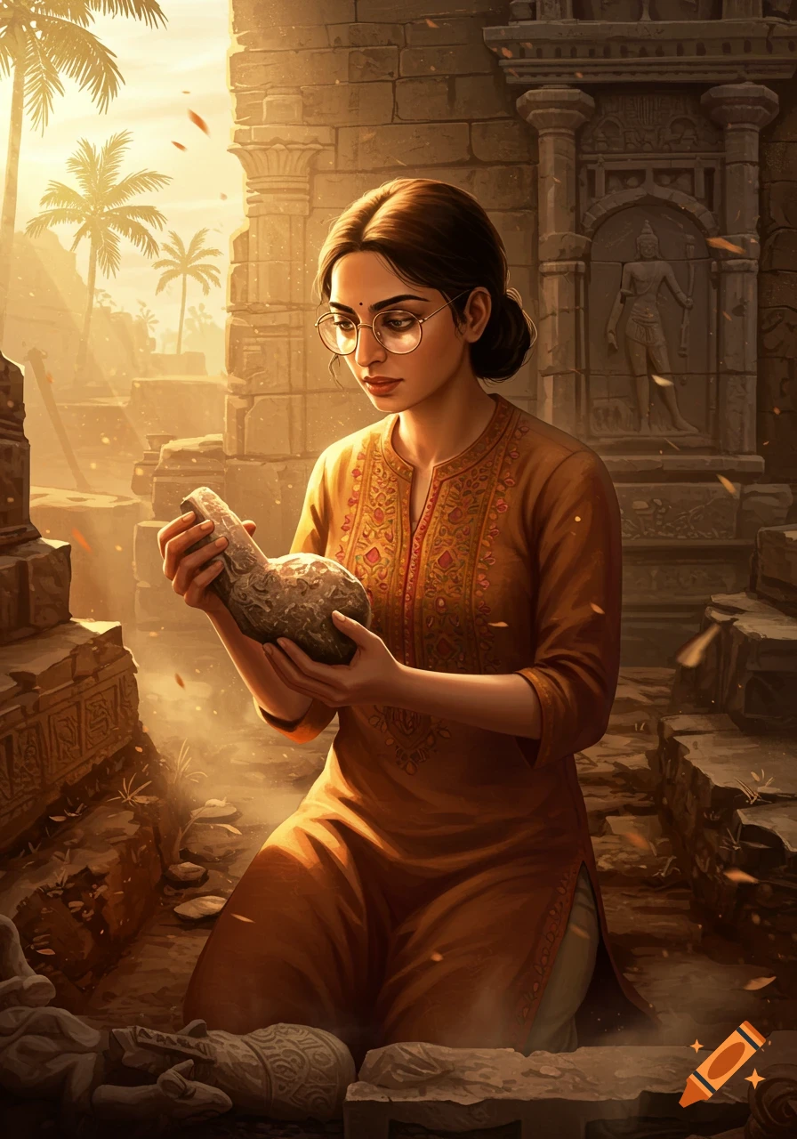 An Indian woman archeologist with glasses kneels among sunlit ancient ruins, carefully examining a stone artifact.