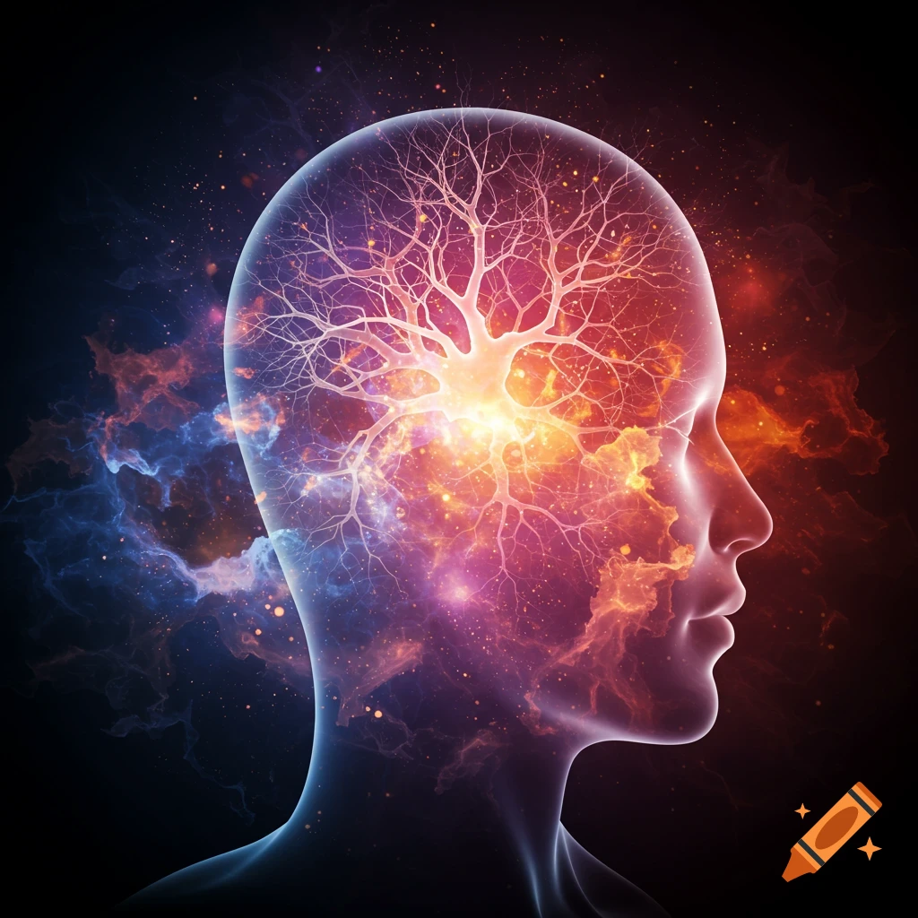 Abstract glowing silhouette of a human head in profile, with a radiant tree-like neural network and cosmic nebulae inside.