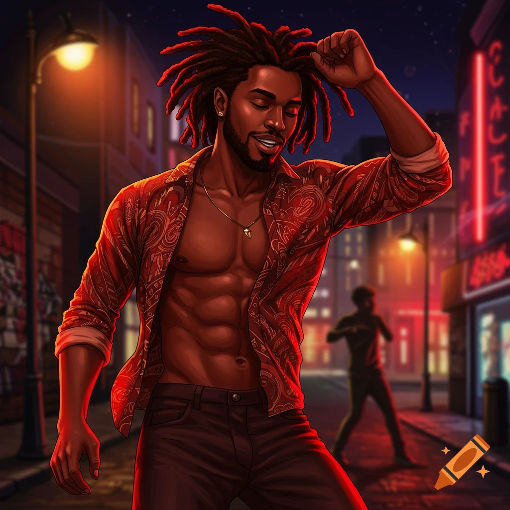 Vibrant digital illustration of an attractive Black man with dreadlocks and an open red shirt, posing on a red-lit city street at night.