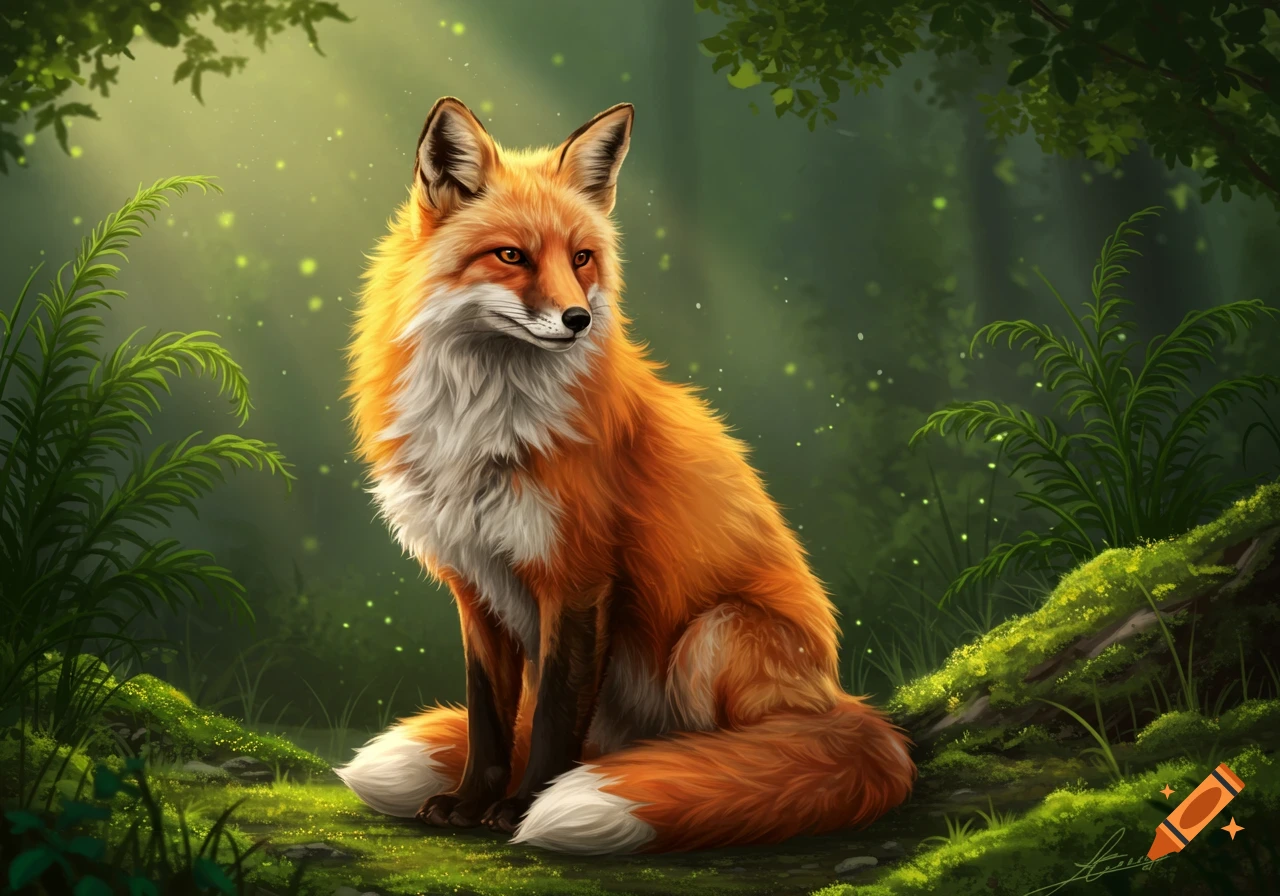 A vibrant orange and white fox sits gracefully in a lush, magical green forest dappled with glowing light.