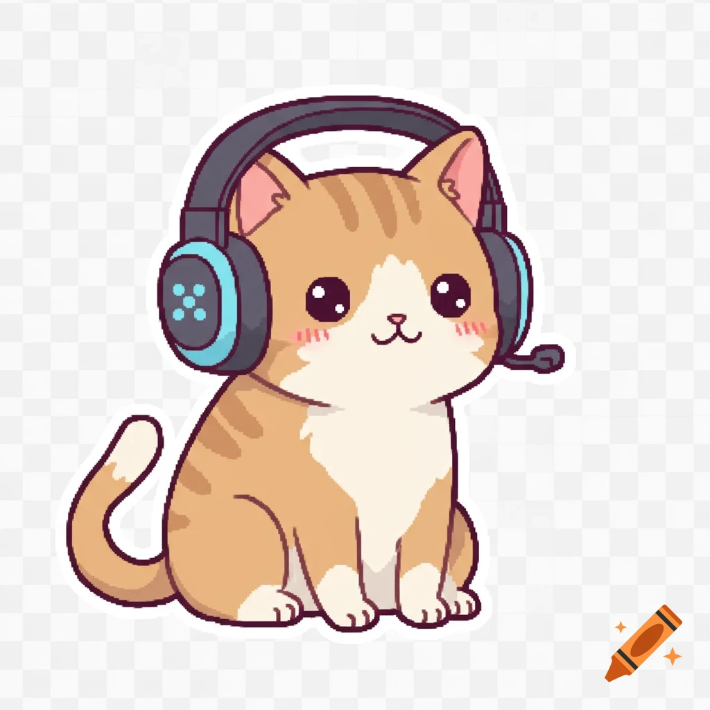Cute pixel art cat wearing gaming headphones