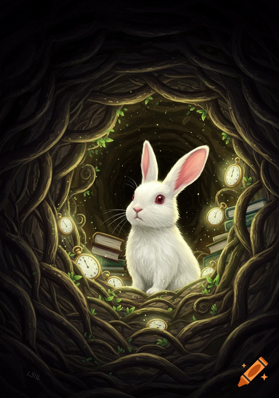 A whimsical illustration of a white rabbit with pink eyes in a dark, root-lined rabbit hole with old books and glowing pocket watches.