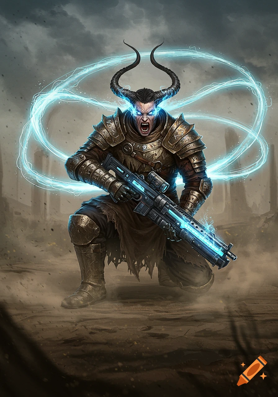 A horned, armored berserker with glowing blue eyes kneels, holding a blue-glowing plasma rifle, surrounded by swirling blue energy in a desolate landscape.