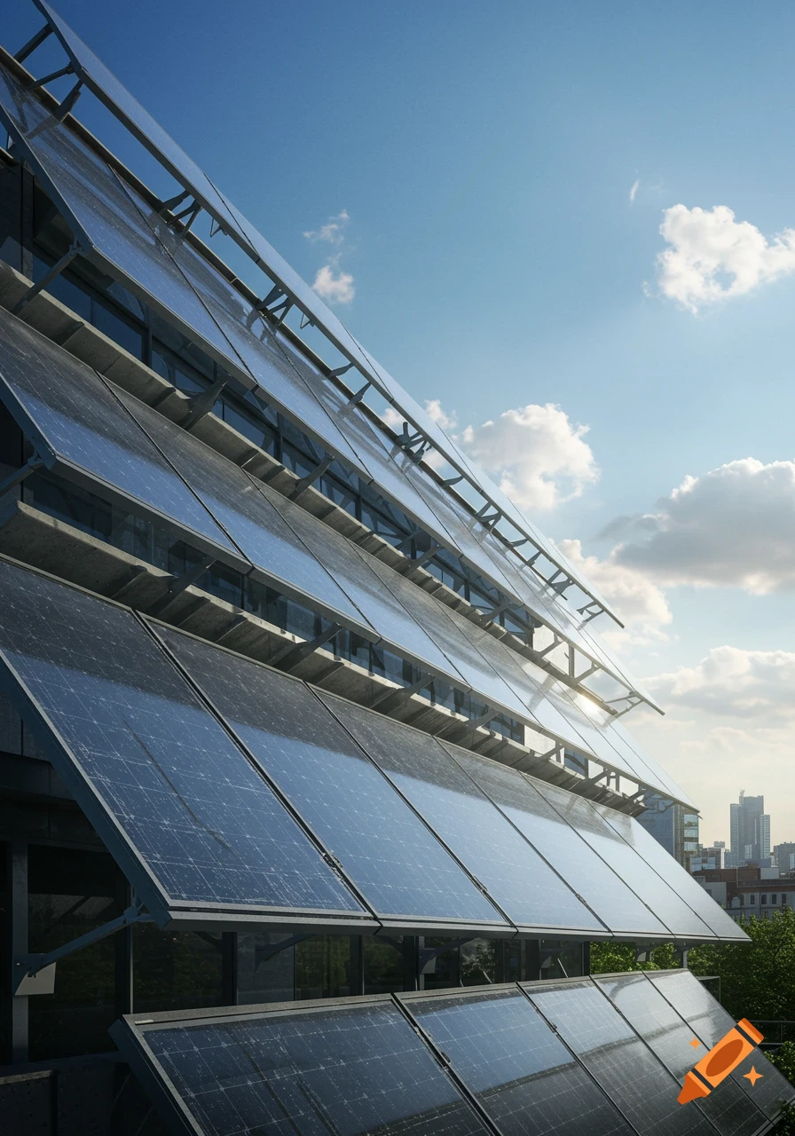 A modern building facade covered in transparent solar panels under a partly cloudy blue sky, with a city skyline in the distance.
