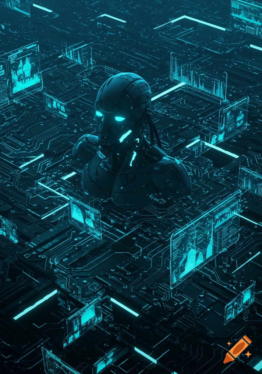 Stylized dark robot with glowing blue eyes on a circuit board background with digital interfaces.