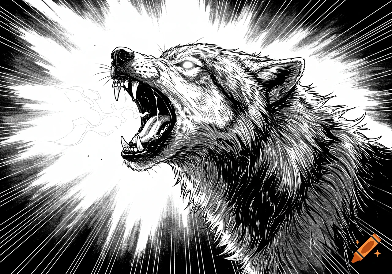 A black and white comic book drawing of a roaring wolf with glowing eyes and lines indicating force or energy.