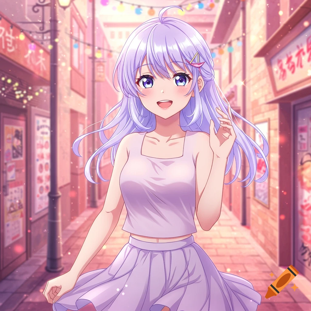 An anime girl with light purple hair, wearing a crop top and a skirt, smiles on a brightly lit city street with festive lights.