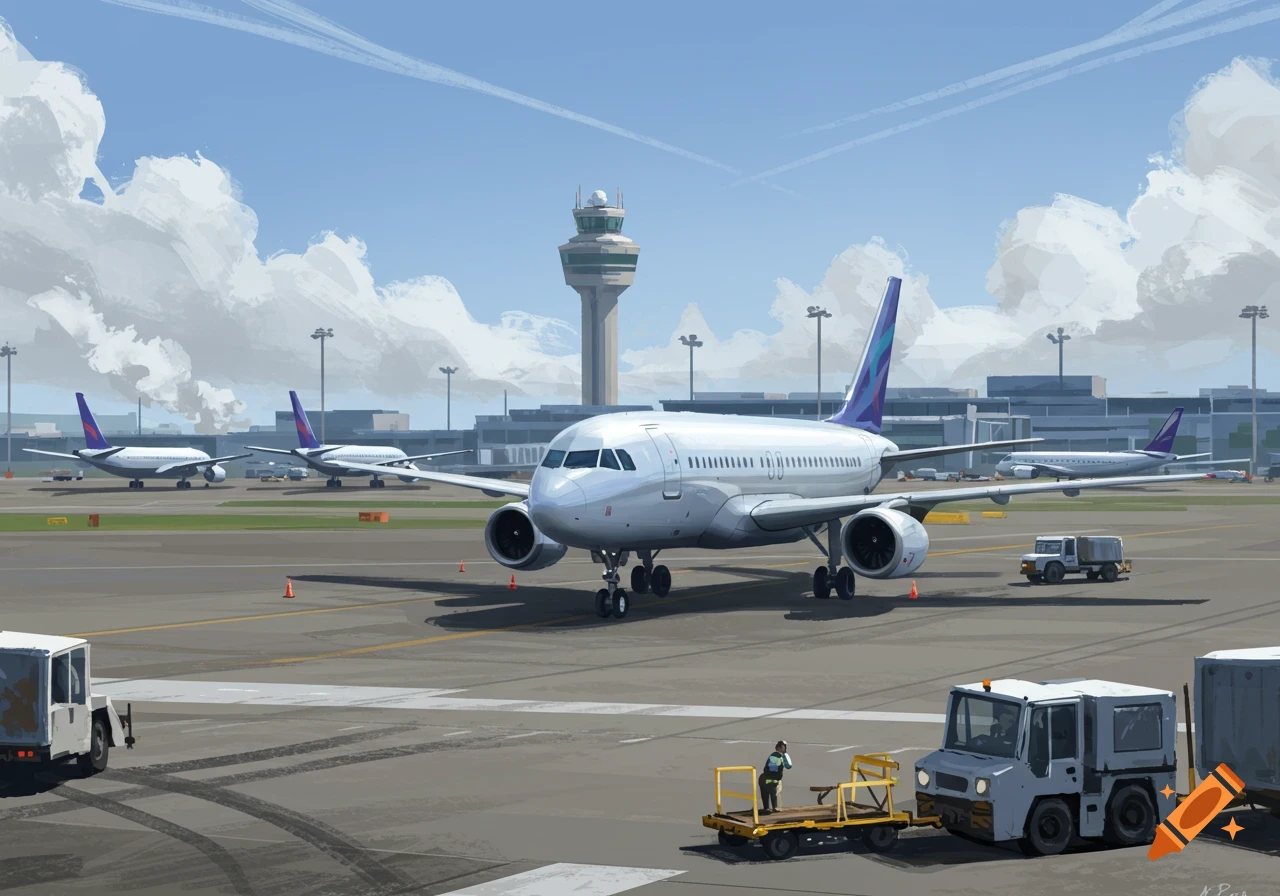 Painterly depiction of airplanes on an airport tarmac with a control tower and ground vehicles under a cloudy sky.