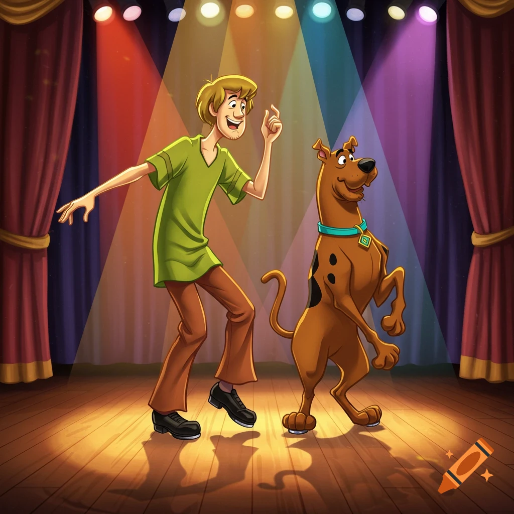 Shaggy and Scooby Doo tap dancing on a spotlighted stage with red curtains in a vibrant cartoon style.