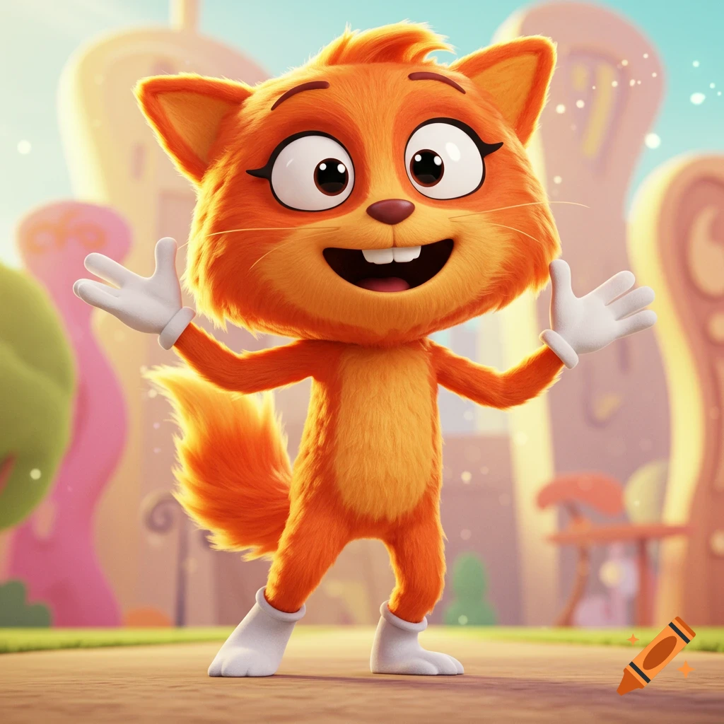 A bright orange furry cartoon cat-like character with a wide smile, wearing white gloves and boots, stands arms outstretched in a whimsical outdoor setting.