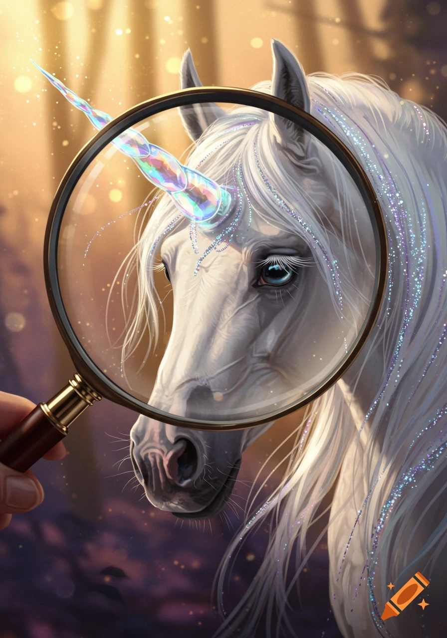 A magnifying glass held by a hand reveals the detailed, sparkling, iridescent horn and eye of a white unicorn.