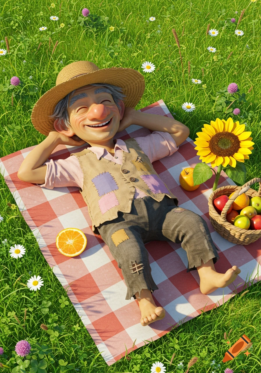 A smiling cartoon man with a straw hat and patched clothes relaxes on a picnic blanket in a grassy field with flowers, fruit, and a sunflower.