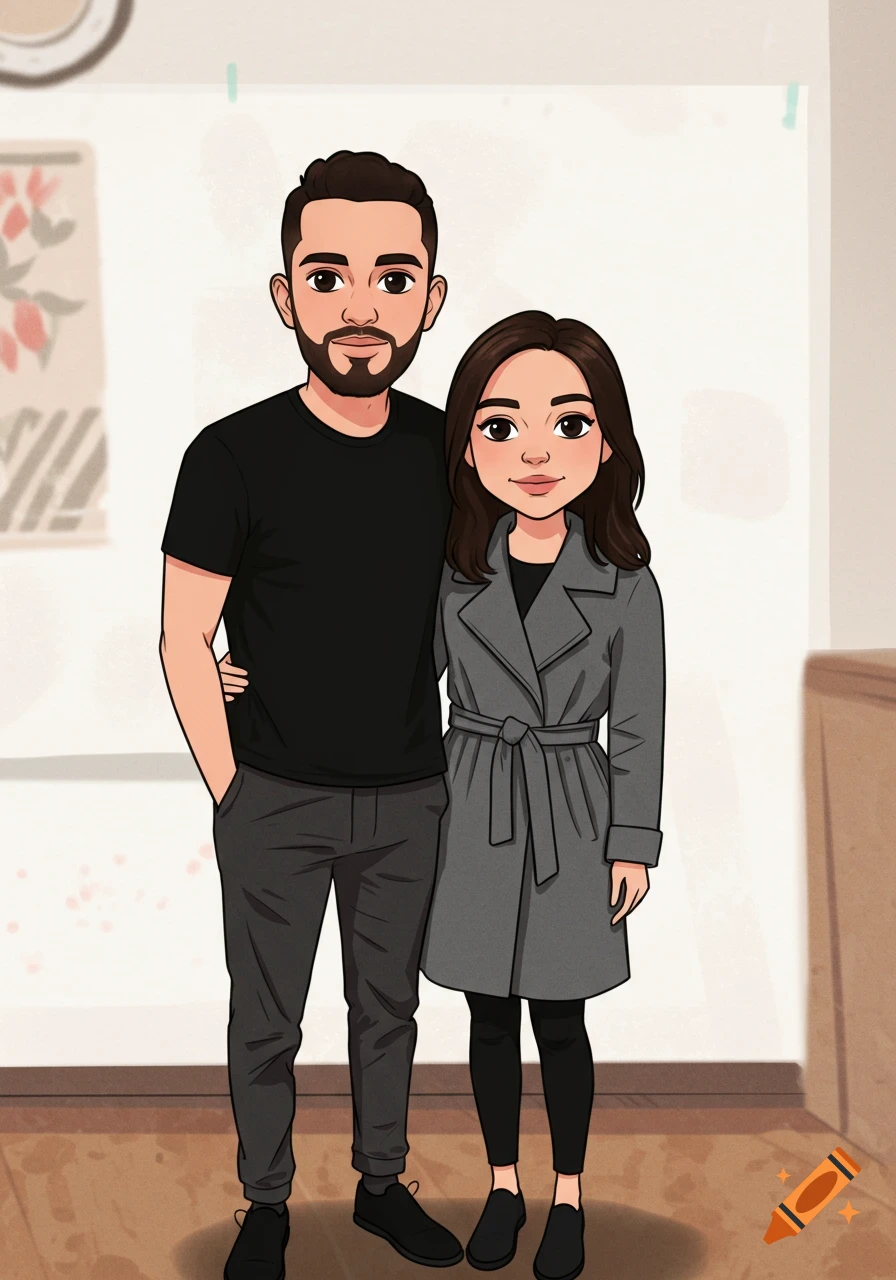A cartoon man with a beard and dark hair in a black t-shirt and charcoal pants stands next to a woman in a gray coat and black pants.