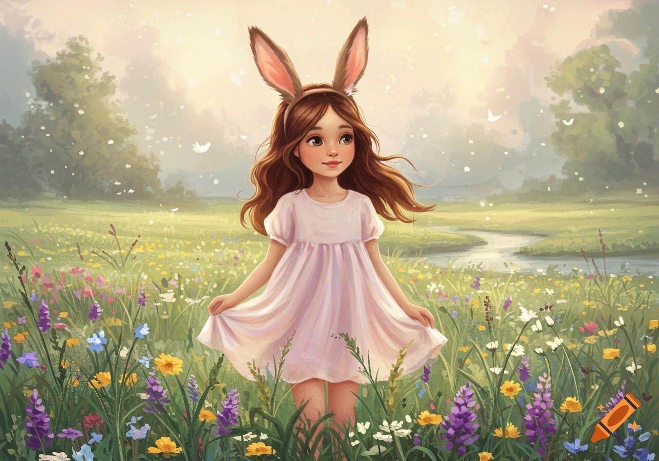 A whimsical illustration of a young girl with bunny ears in a field of colorful wildflowers with a stream in the background.