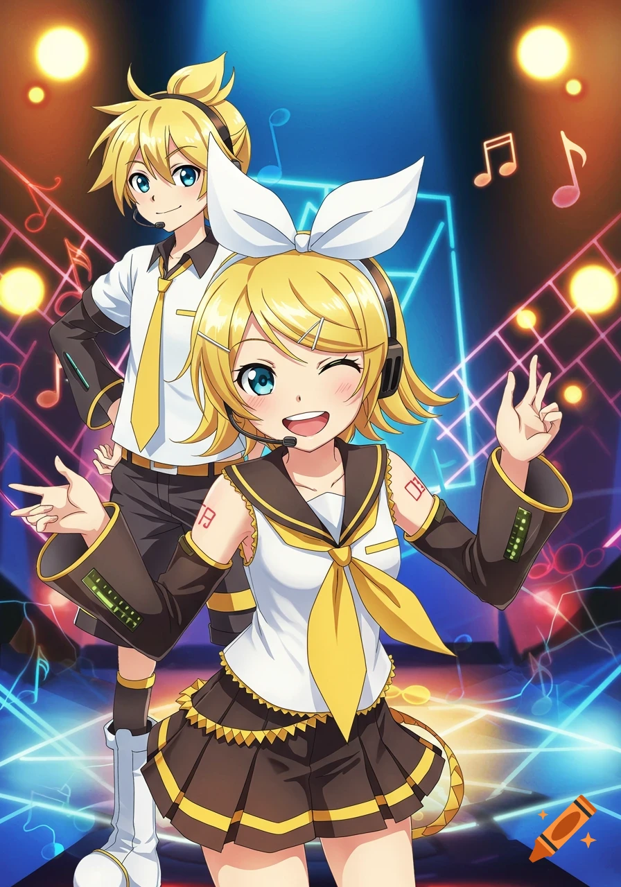 Anime characters Kagamine Rin and Len with blonde hair and blue eyes, in idol outfits, posing against a futuristic stage background with neon lights and musical notes.