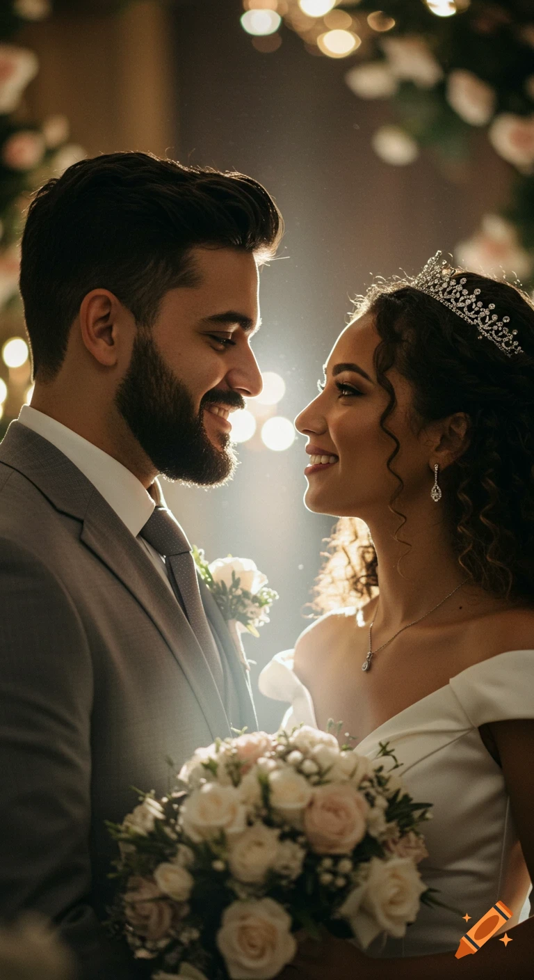Photorealistic portrait of a smiling bride and groom gazing at each other at their wedding, with soft glowing lights in the background.