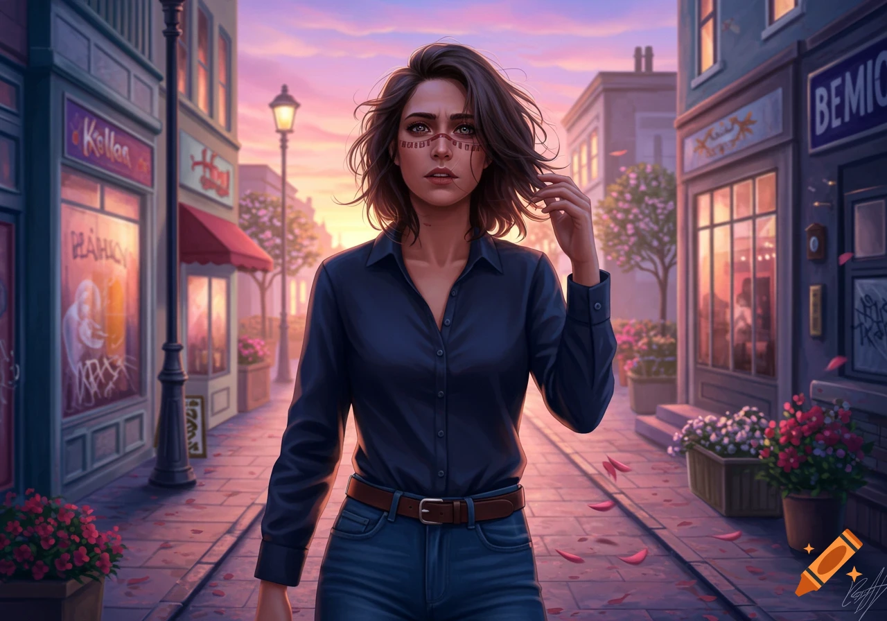 A woman with short hair and face paint walks down a street lined with shops at sunset, illustrated in a vibrant art style.