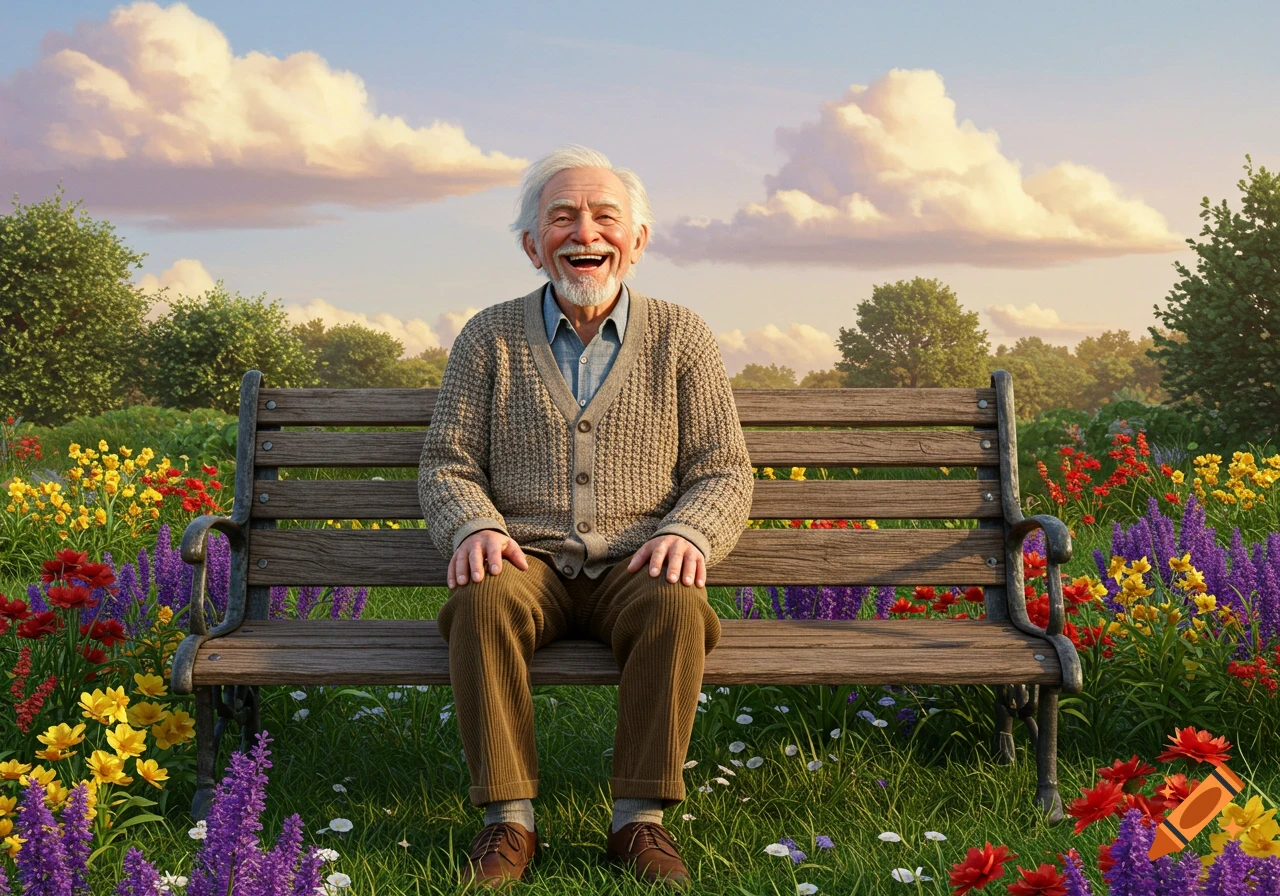 An elderly man with white hair and a beard, wearing a cardigan, sits on a park bench, smiling widely amidst a vibrant field of colorful flowers under a blue sky with fluffy clouds.