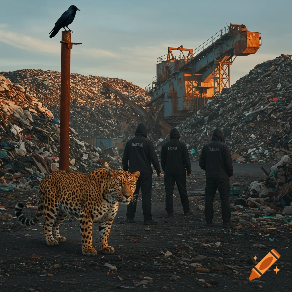 A crow sits on a pole above a leopard and three hooded figures in a vast landfill with industrial machinery at sunset, photorealistic.