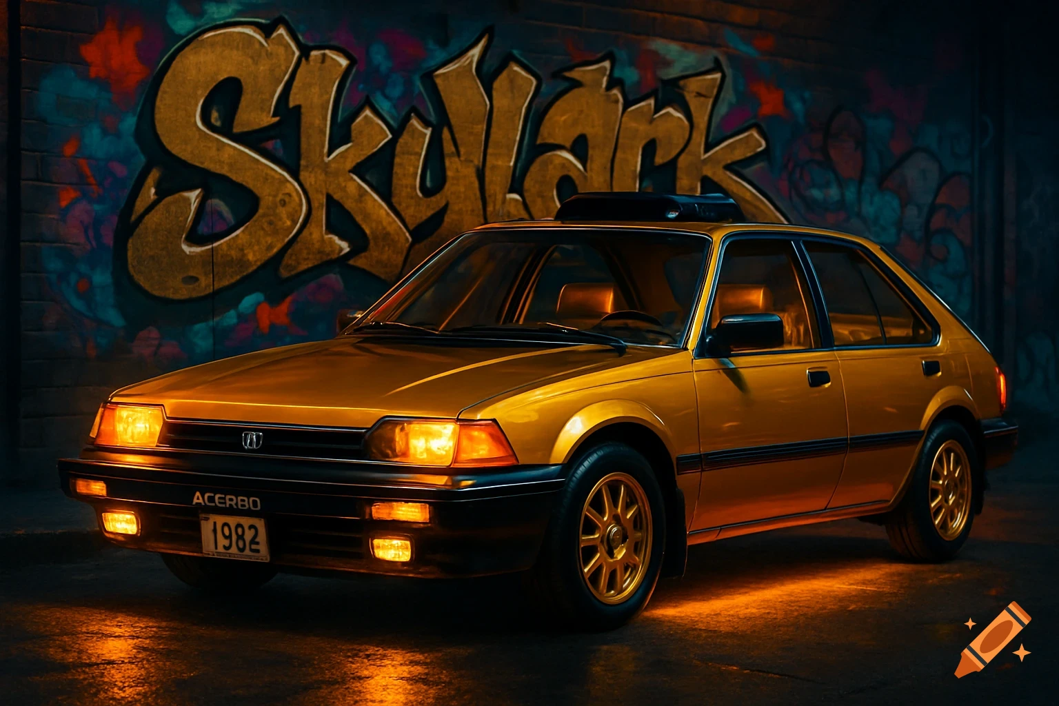 A gold 1980s hatchback car with amber headlights and underglow, parked at night in front of a brick wall with gold "Skylark" graffiti.