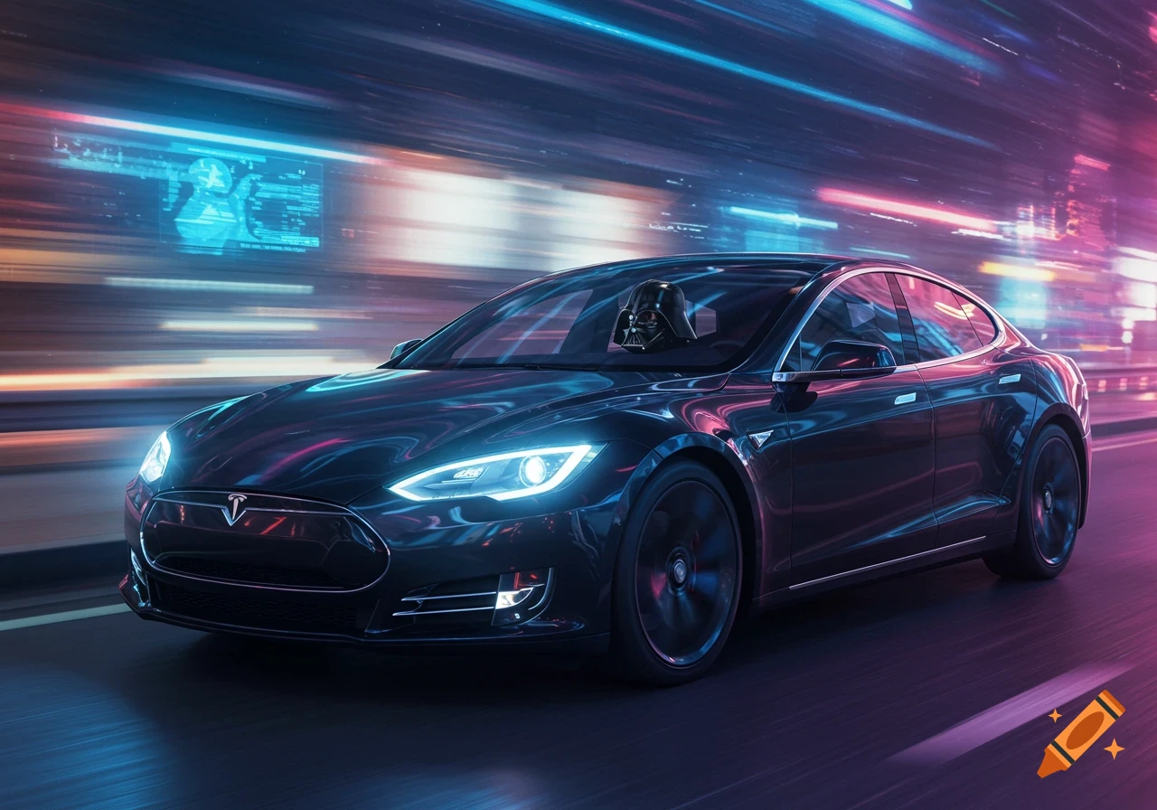 A black Tesla Model S with Darth Vader in the driver's seat speeds down a neon-lit, futuristic highway.