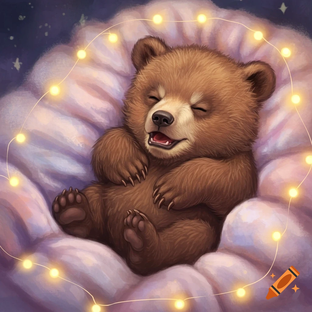 A cute brown bear cub with closed eyes and an open mouth, sleeping on a fluffy purple surface with glowing fairy lights around it.