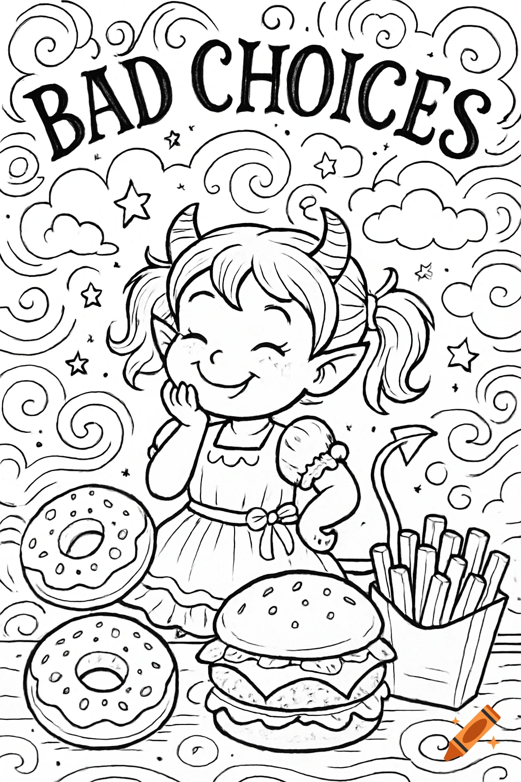 A black and white coloring page featuring a smiling cartoon devil girl with horns and a tail, surrounded by two donuts, a hamburger, and french fries, with the words "BAD CHOICES" at the top.