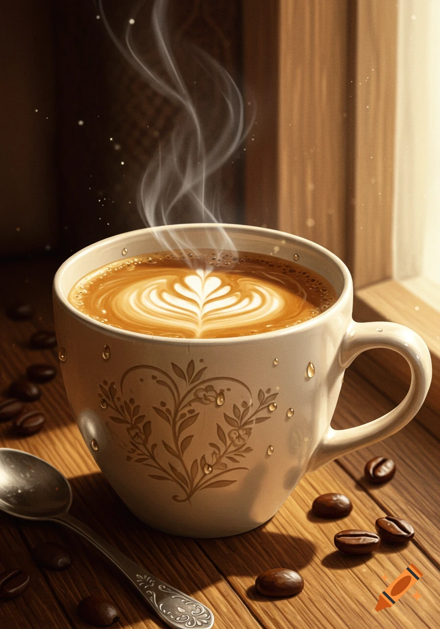 A steaming cup of latte art coffee sits on a wooden table next to scattered coffee beans and a spoon, illuminated by sunlight from a window.