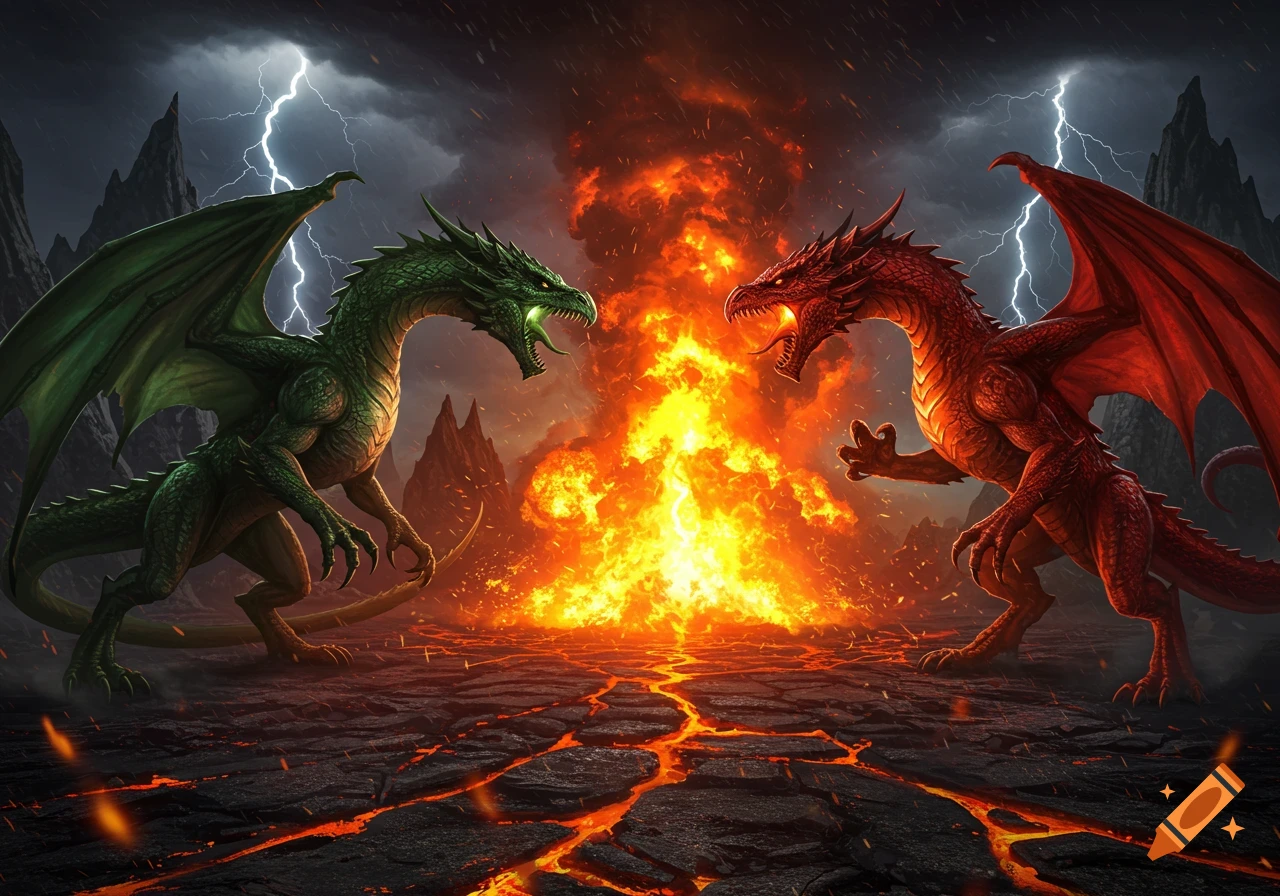 A green dragon and a red dragon face off against each other with a large fire between them on a volcanic landscape under a stormy sky.