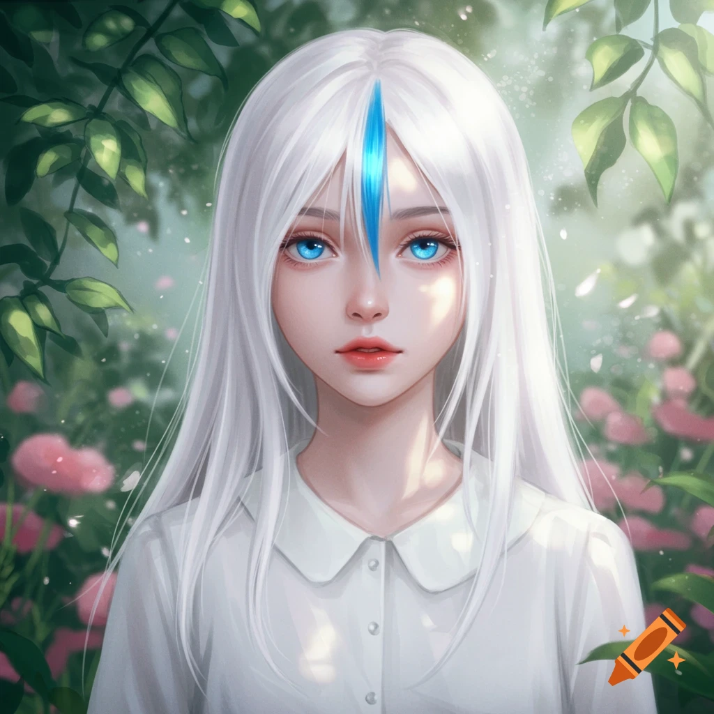Digital art portrait of a white-haired girl with a blue streak, blue eyes, and pale skin, surrounded by green leaves and pink flowers.