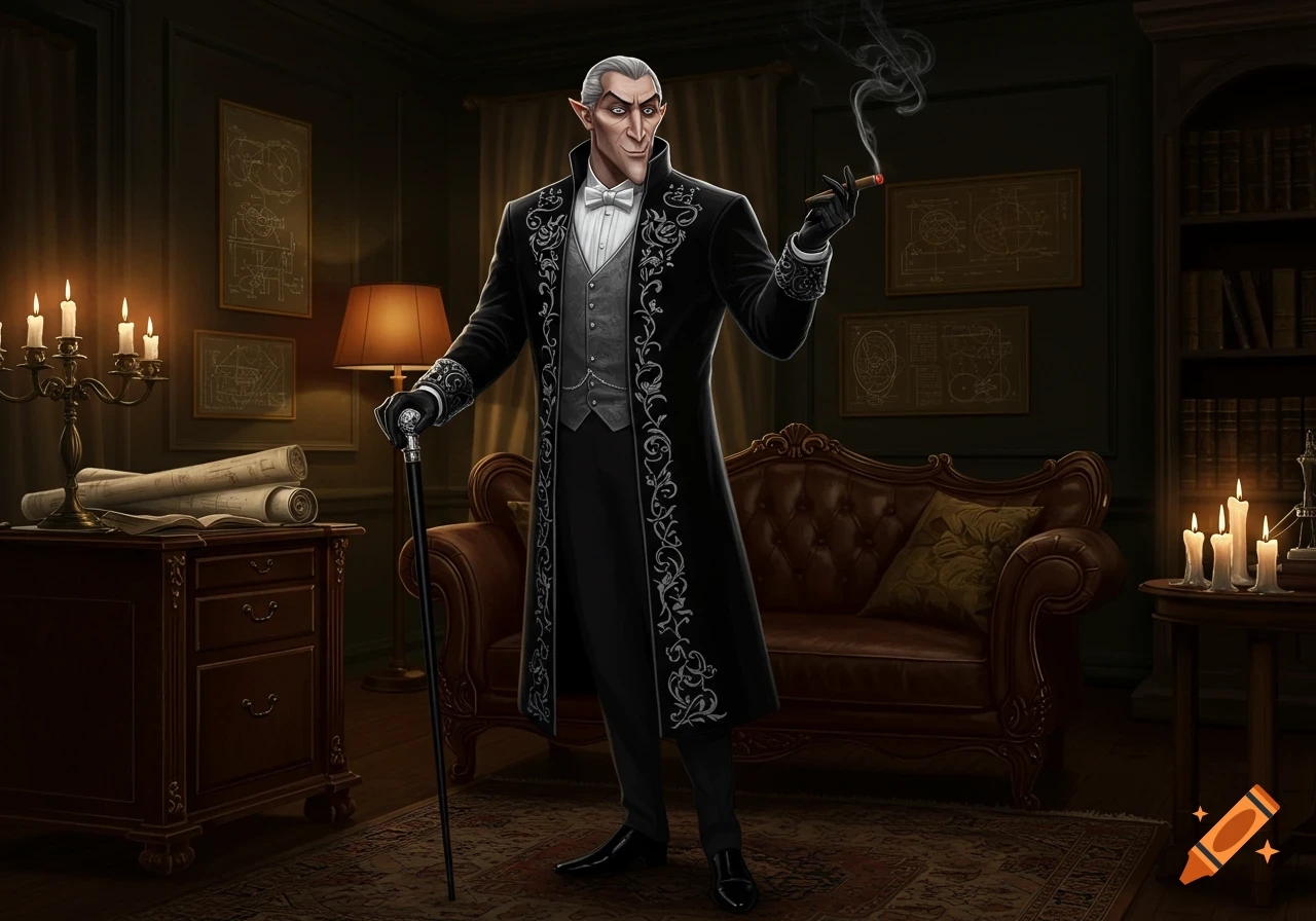A stylized vampire-like villain in a formal coat, smoking a cigar and holding a cane in a dark, opulent study.