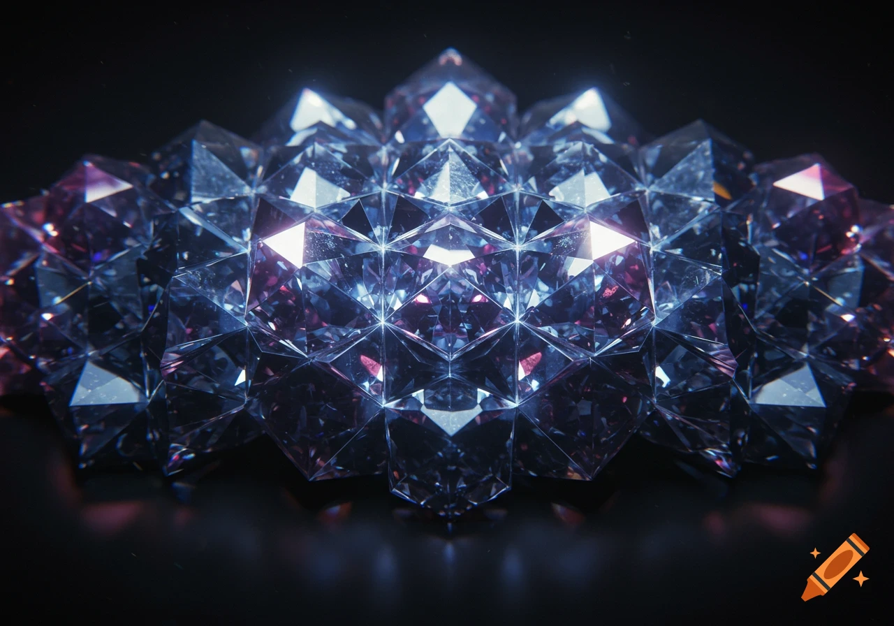 Close-up of a vibrant pattern of interconnected blue and purple faceted crystal shapes against a dark background.