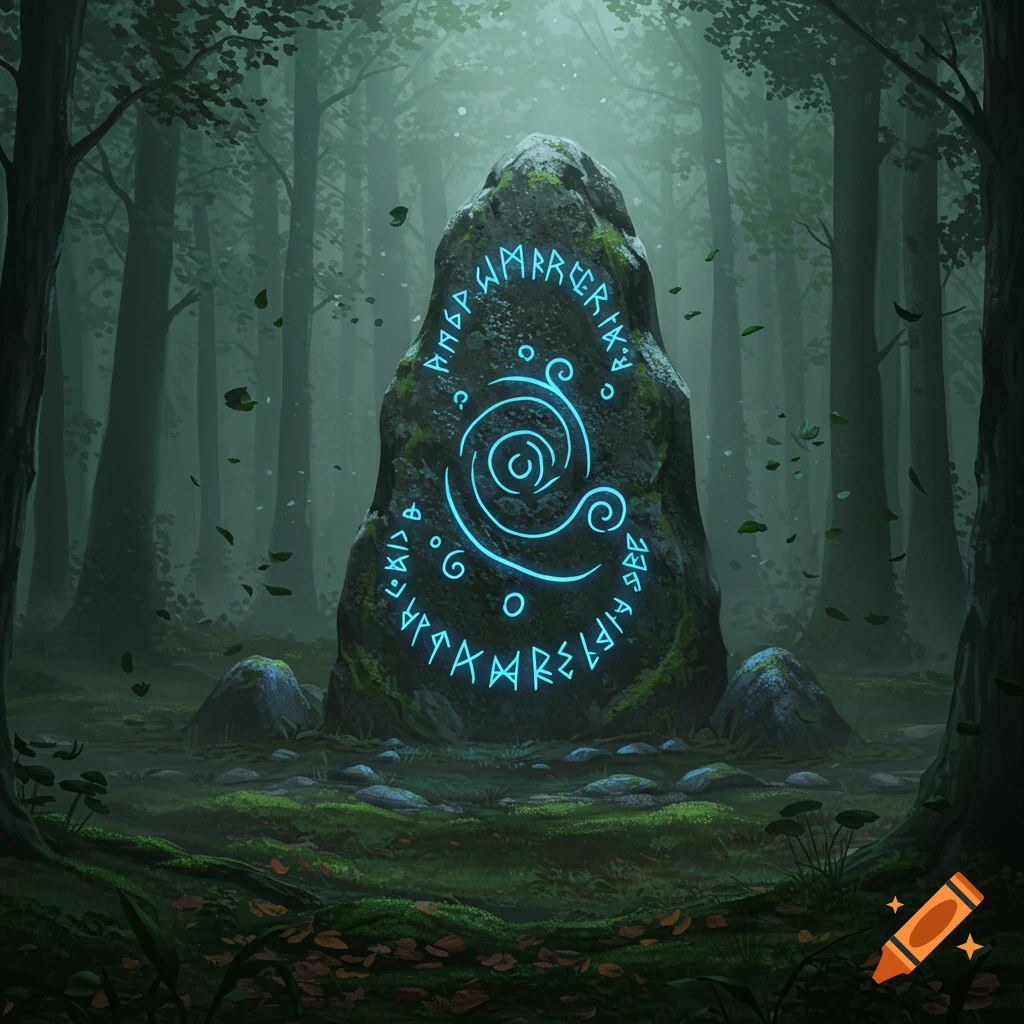A large moss-covered stone monolith with glowing blue runes and a spiraling symbol stands in a dark, misty forest.