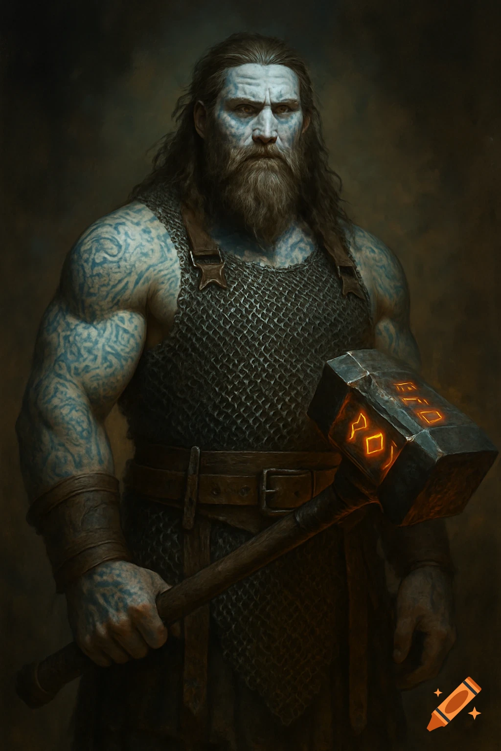 A muscular D&D half-giant warrior with blue-pale skin, tribal tattoos, and a beard, wearing chainmail and holding a maul with fiery runes.