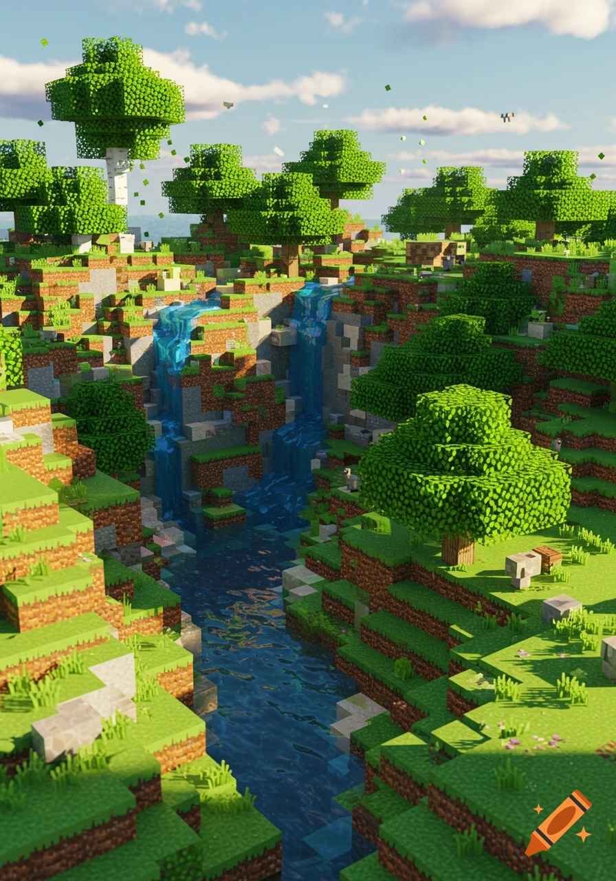 A realistic Minecraft landscape with multiple waterfalls cascading into a winding river, surrounded by blocky trees and green terrain.