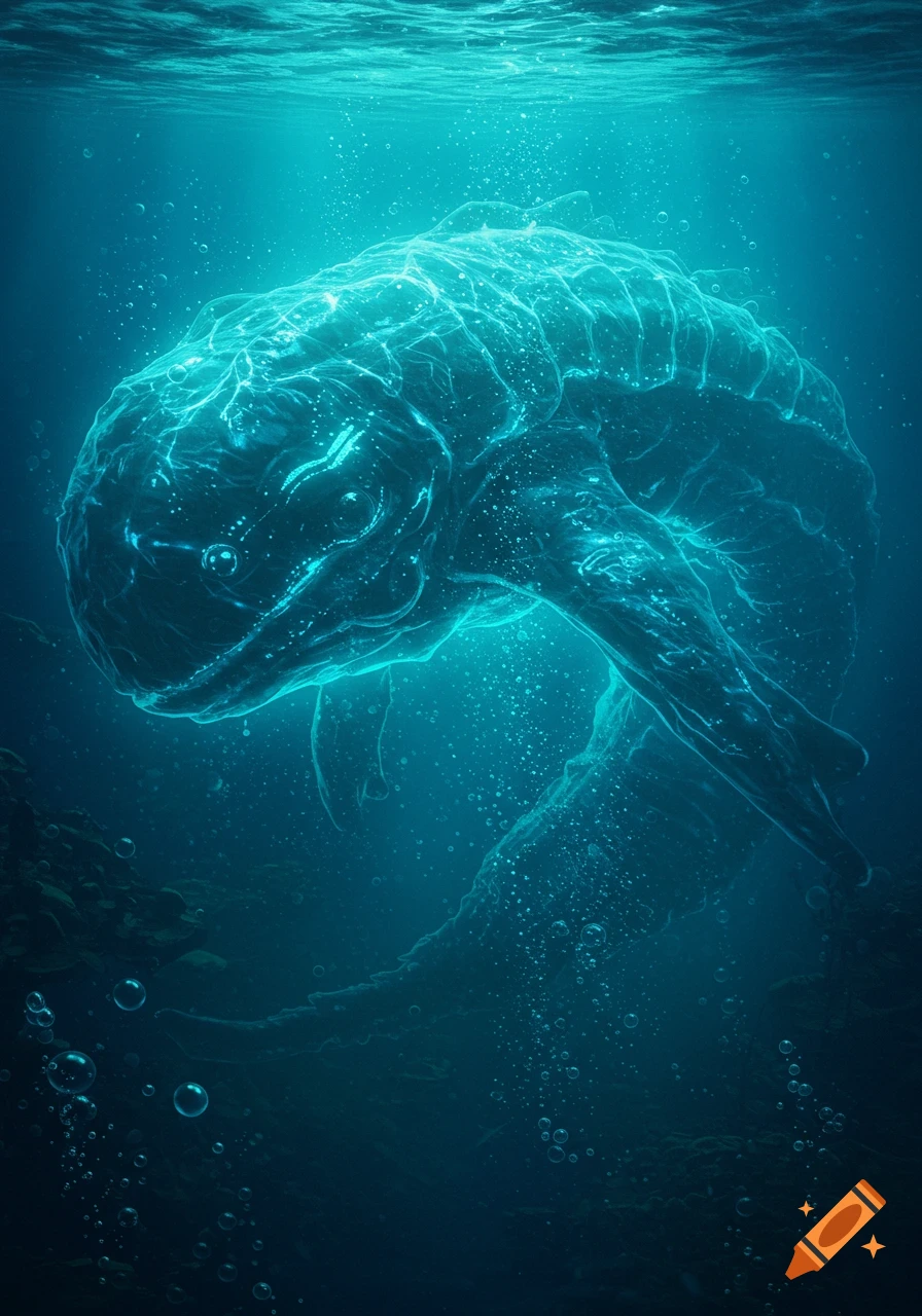 A translucent, glowing blue aquatic creature swims in dark blue deep-sea water with bubbles and light from the surface.