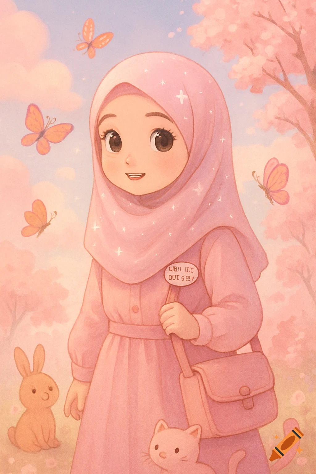 A cute cartoon girl in a pink hijab and dress smiles in a pink fantasy landscape with butterflies, a bunny, and a cat.