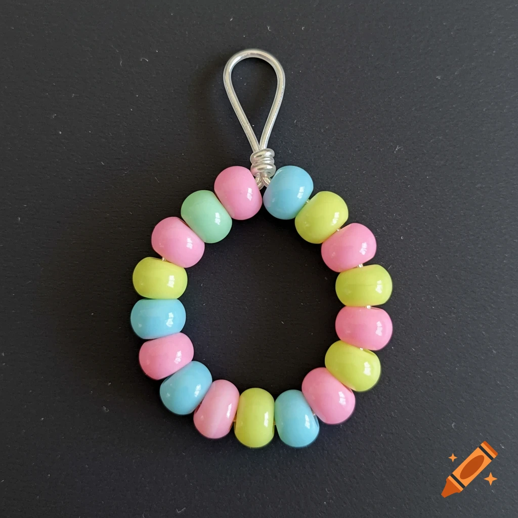 A circular charm made of pastel pink, green, and blue plastic beads with a silver wire loop, on a black background.