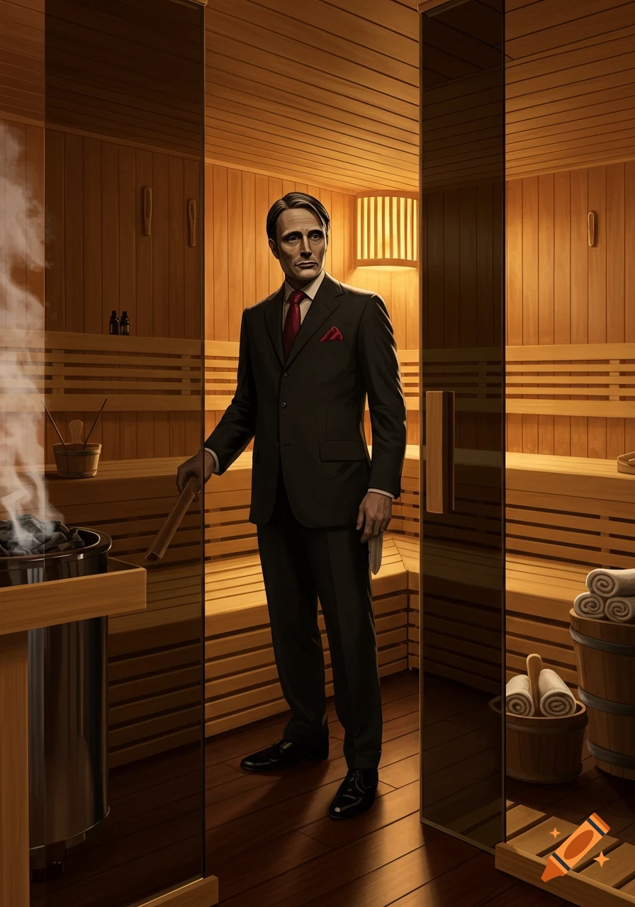 Photorealistic portrait of a man resembling Hannibal Lecter in a dark suit, standing in a steamy wooden sauna with a ladle.