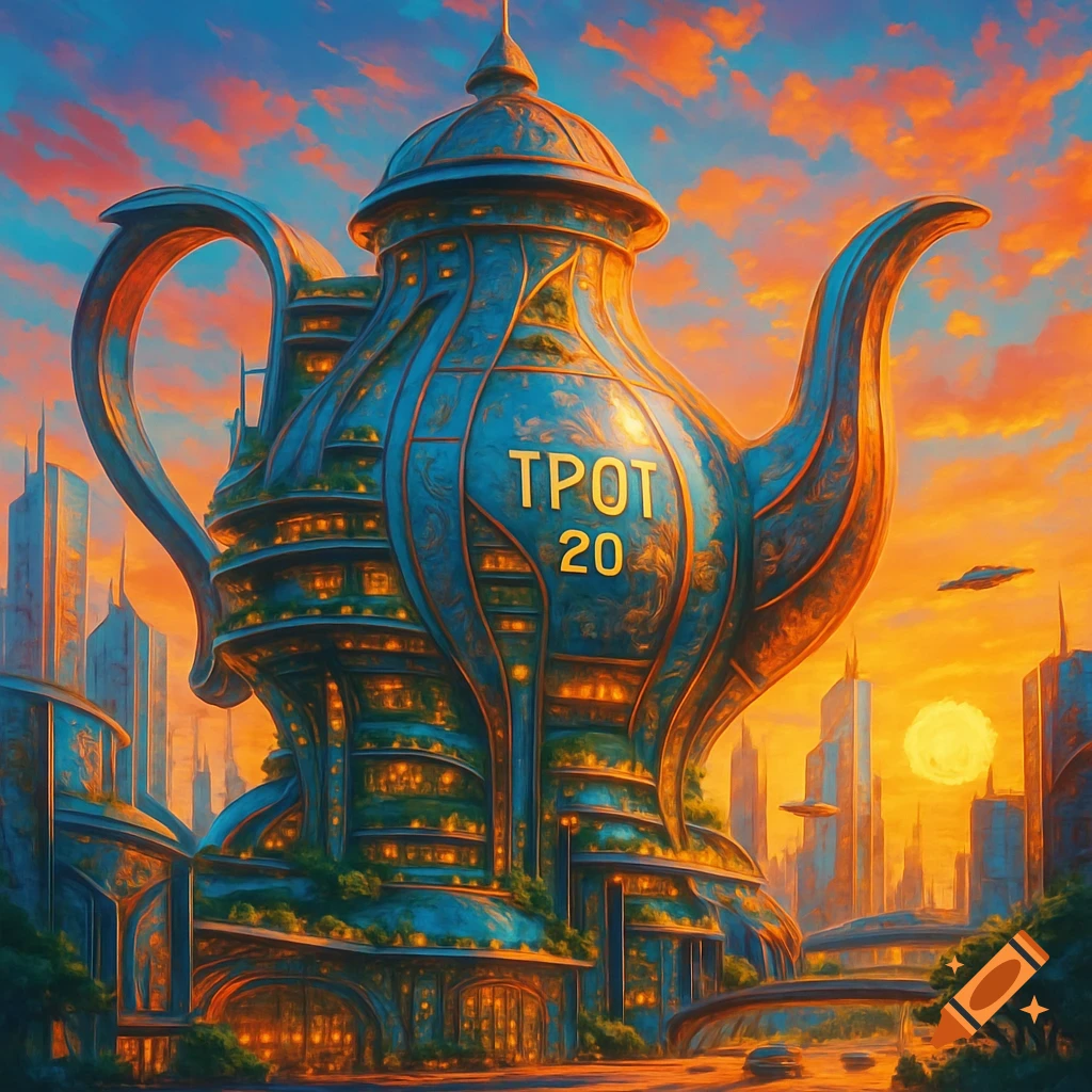 A giant, ornate, blue and gold teapot-shaped building with 'TPOT 20' on its side, against a vibrant orange and blue sky in a futuristic city.