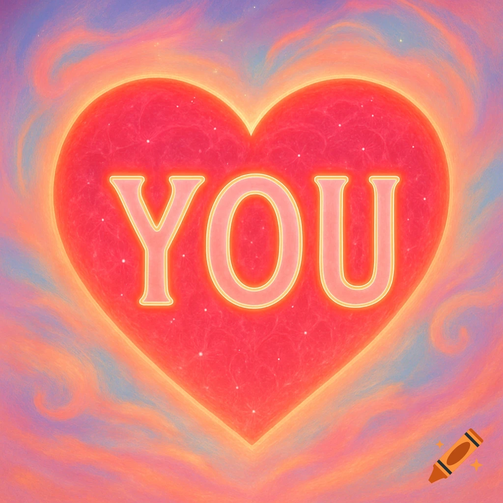 A glowing red heart with the word 'YOU' in the center, set against a dreamy, colorful sky.