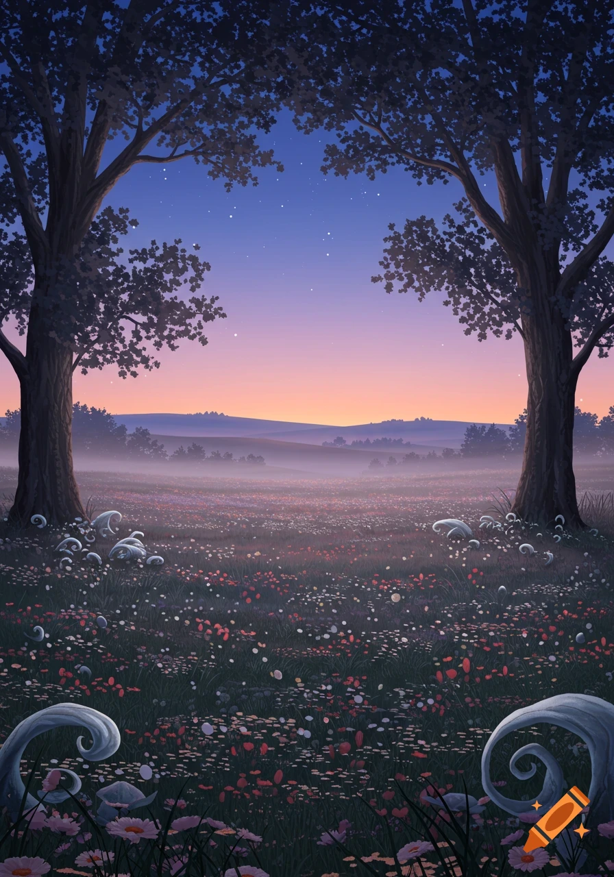 A serene fantasy landscape at dusk with large trees framing a field of colorful wildflowers and mysterious glowing plants.