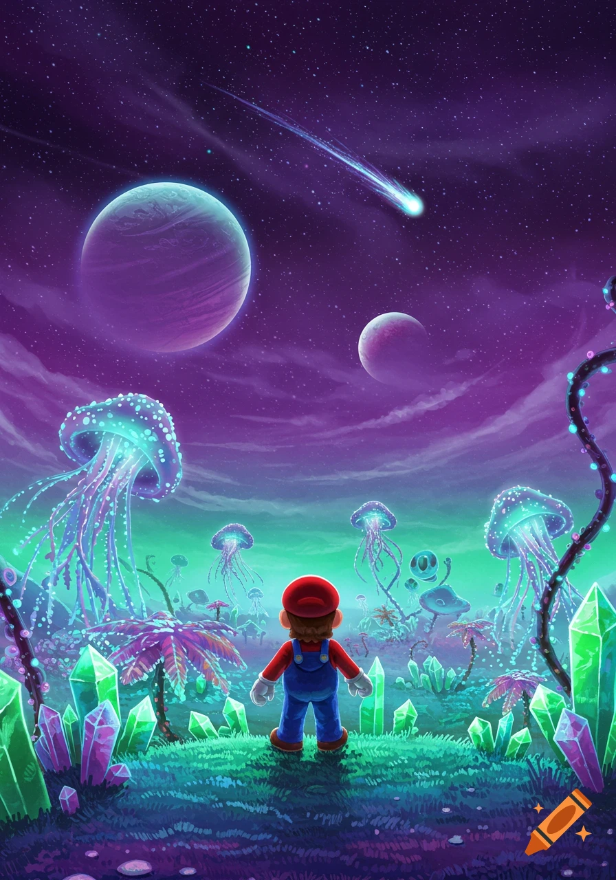 Mario stands on a vibrant alien planet with glowing jellyfish and crystals under a starry purple sky with two planets.
