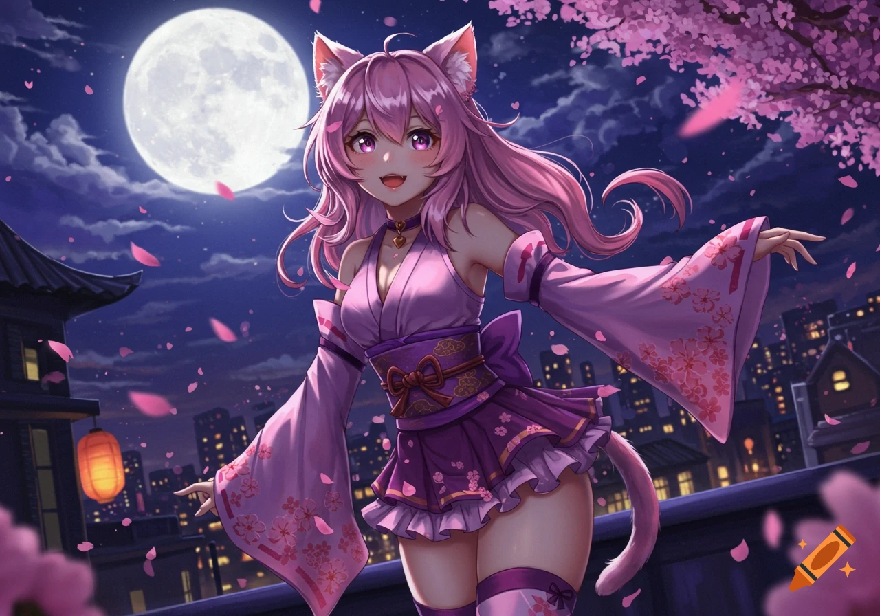 Anime cat girl with pink hair and cat ears, smiling under a full moon with falling cherry blossoms over a night city.
