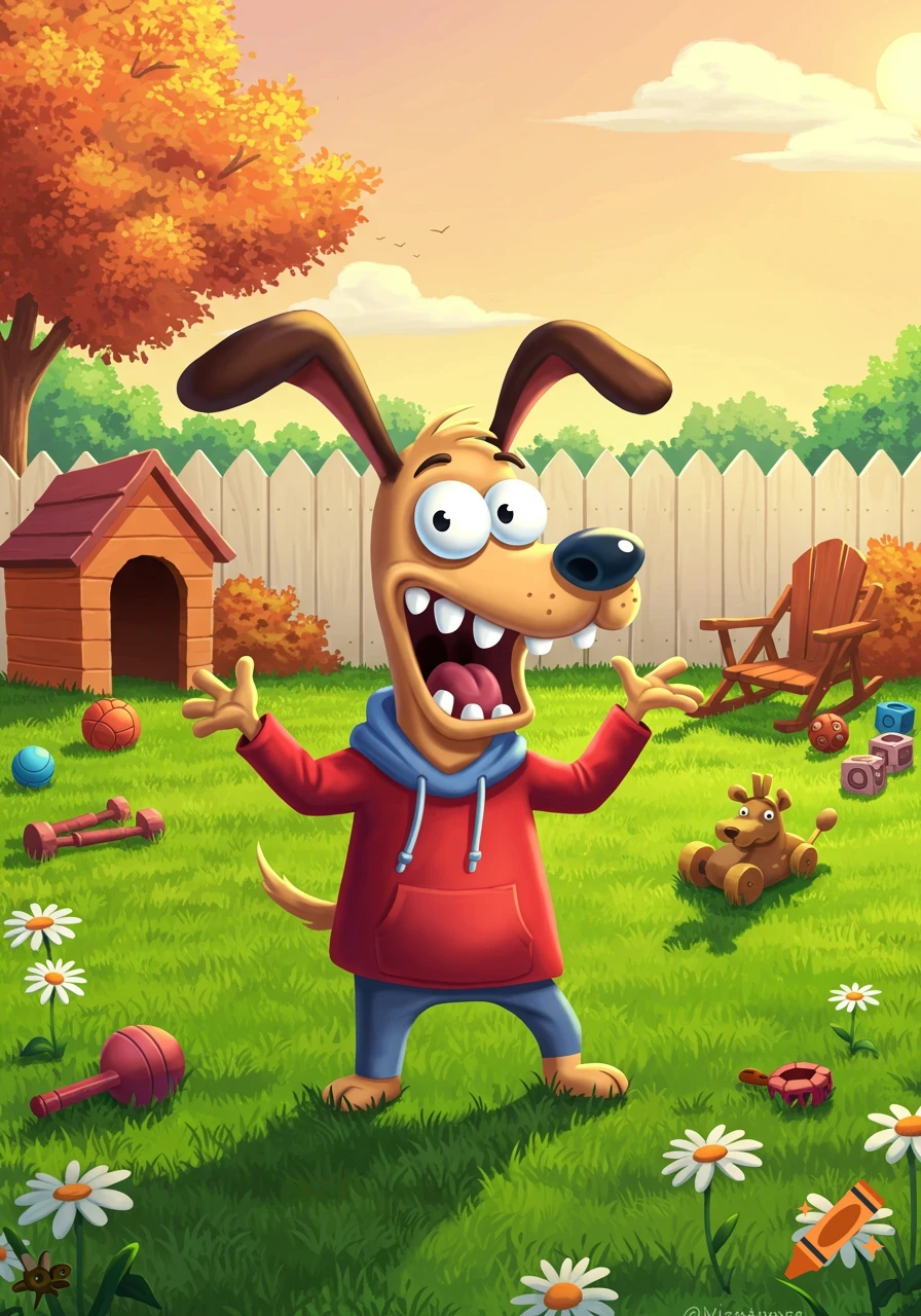 A happy cartoon dog in a red hoodie stands in a green backyard with a doghouse, fence, and toys under an orange tree.