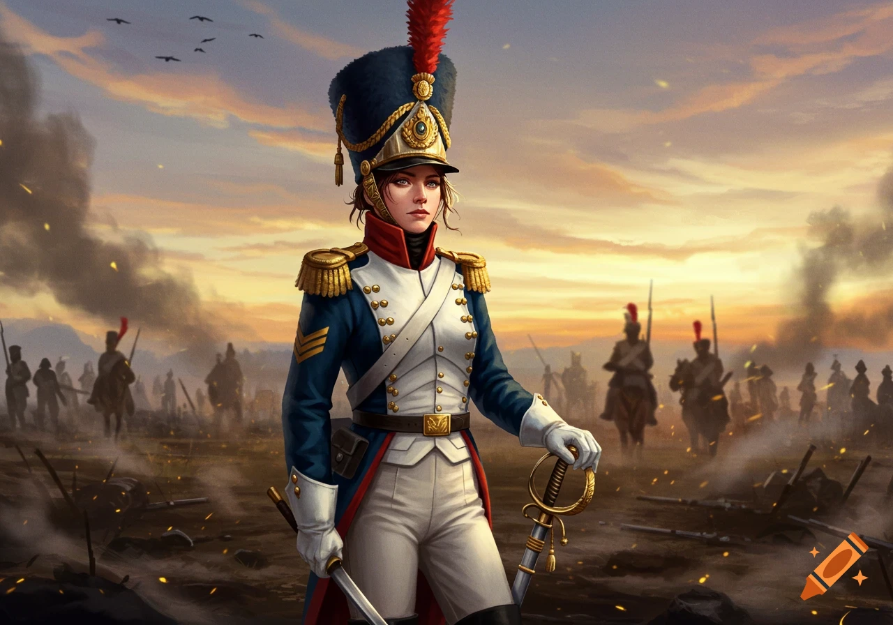 A female Napoleonic soldier stands on a battlefield at sunset, holding two swords. Illustrated art style.