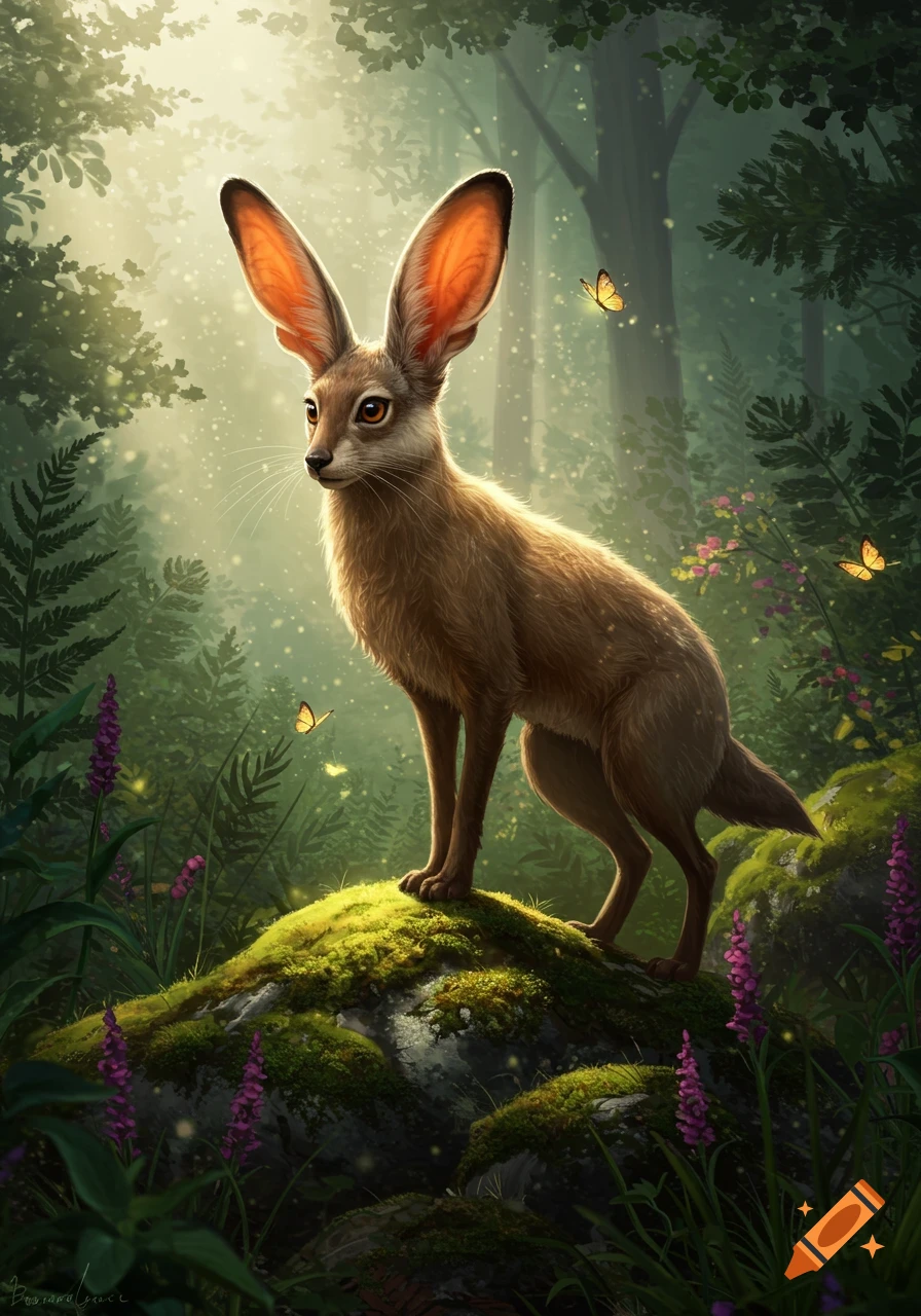 A fennec fox-like creature with very long ears stands on a mossy rock in a magical, sun-dappled forest with butterflies.