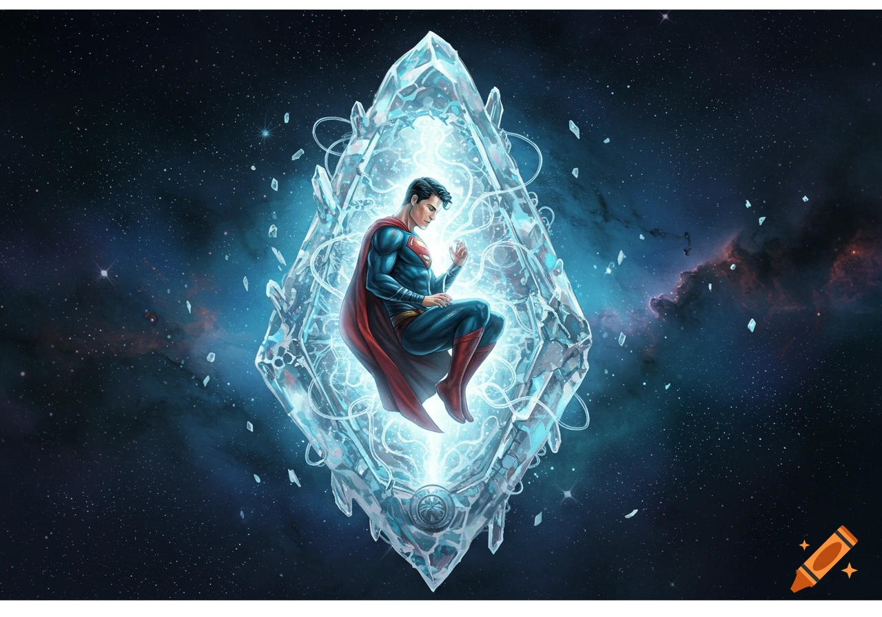 Superman in his iconic suit floats within a glowing, faceted crystal structure in deep space, surrounded by stars.